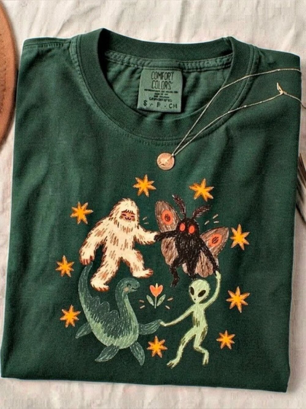 Cryptid Dancing Club Graphic T-Shirt | Bigfoot Mothman Alien Forest Green Tee
